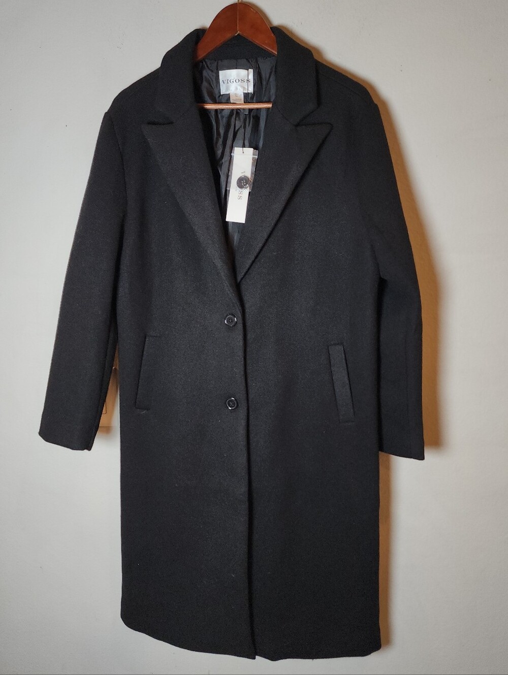NWT Vigoss Faux Wool Black Long Line Pea Coat Women's Size Large
